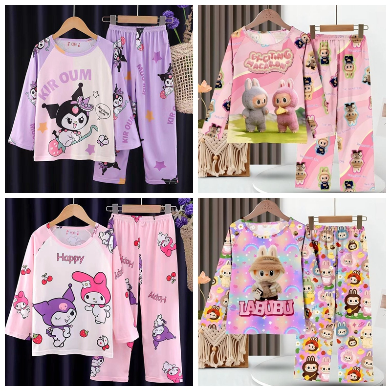 Phong cách mùa hè mỏng Bộ Đồ Ngủ Tay Dài Cổ Tròn In Họa Tiết Hoạt Hình Dễ Thương Thời Trang Mùa Hè Cho Bé Gái đồ bé gái Vải quá mỏng luôn