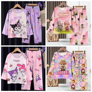 Phong cách mùa hè mỏng Bộ Đồ Ngủ Tay Dài Cổ Tròn In Họa Tiết Hoạt Hình Dễ Thương Thời Trang Mùa Hè Cho Bé Gái đồ bé gái Vải quá mỏng luôn