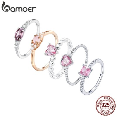 Bamoer Bạc 925 Nhẫn Zircon Hồng Trang Sức Thời Trang Cho Nữ Quà Tặng Sinh Nhật