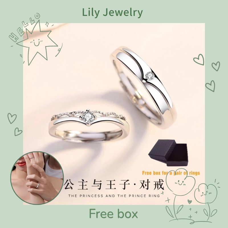 Nhẫn Đôi Mạ Bạc 925 Hình Vương Miện Công Chúa Và Hoàng Tử