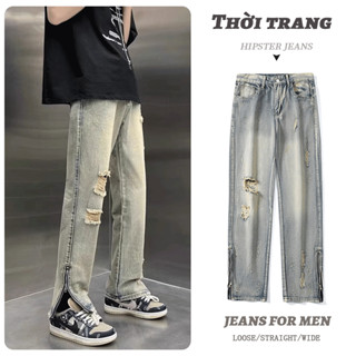 Quần bò nam có khoá Quần jean nam rách gối Quần Jean Ống Đứng quần boy phố Cao Cấp dây kéo quần form suông  quần bò loang cổ điển Mỹ thời trang hottrend Cá tính