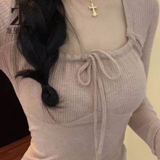  ZHELIHANGFEI Áo Thun Cổ Vuông Thắt Nơ Tay Dài Áo Babytee Croptop Dáng Ôm Thiết Kế Dây Rút 