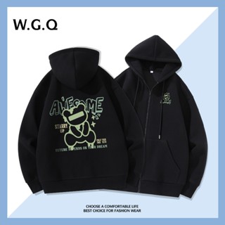 【W.G.Q  Áo Hoodie nam dài tay có dây kéo có túi in hình gấu xanh
