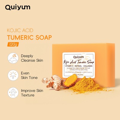 Quiyum Kojic Acid Tumeric Xà Phòng Kiểm Soát Dầu Sữa Rửa Mặt Cho Cơ Thể Chứa Collagen Retinol Vitamin C 120g