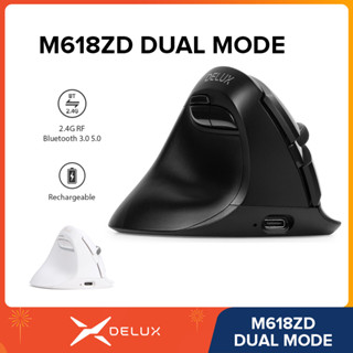 Delux M618ZD Chế độ kép Tay trái Nút im lặng Bluetooth 3.0 5.0 2.4GHz Sạc 500mAh Chuột dọc không dây tiện dụng Chuột im lặng cho văn phòng