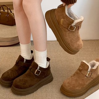  Giày Bốt Tuyết Đế Dày Nữ 2024 Phong Cách Mới Tăng Chiều Cao 5CM Nâu Đậm   Kaki Thu Đông Lông Cừu Lót Ấm Giữa Ống Cotton 