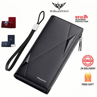  ví dài nam William polo ví da nam cao cấp da bò thật ví đựng thẻ chống trộm có khóa kéo Mens leather long wallet multifunctional clutch bag 