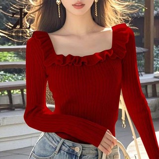  ZHELIHANGFEI Áo sơ mi dệt kim xếp nếp màu đỏ Áo sơ mi nữ cổ vuông dài tay 