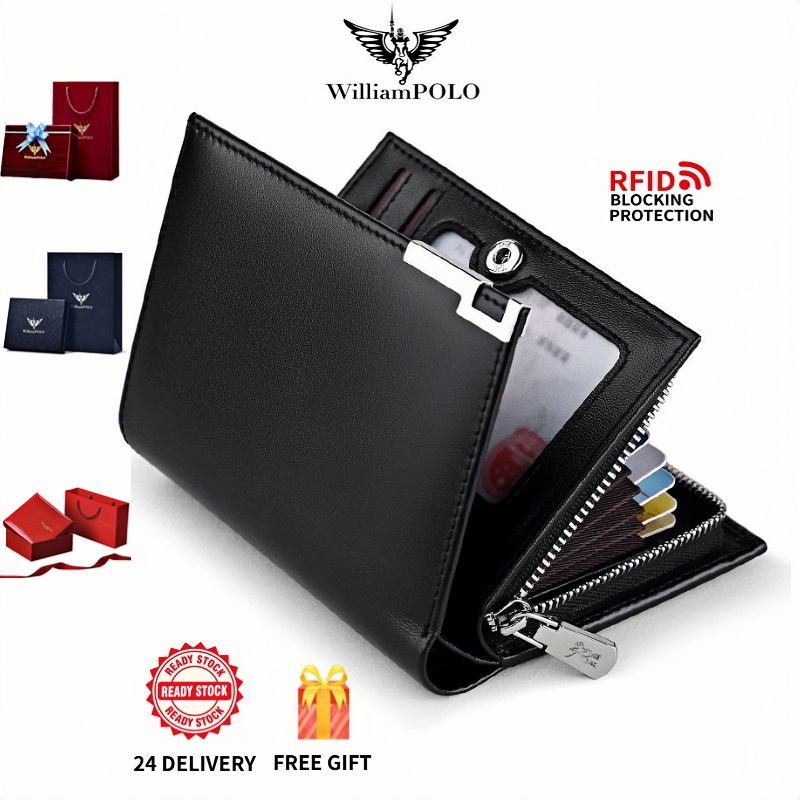 Ví nam WilliamPOLO Ví ngắn dây kéo da thật Ví đựng thẻ đa chức năng Men's wallet genuine leather sho