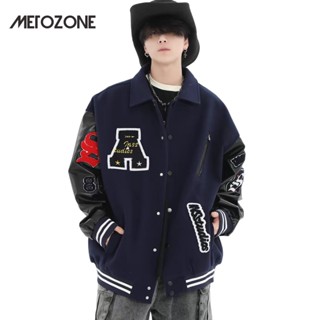 MeTozone Áo khoác nam áo khoác bóng chày dáng rộng cổ điển kiểu Mỹ thêu cổ điển