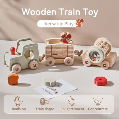 Đồ chơi xe lửa bằng gỗ đa chức năng Montessori Kỹ năng vận động tinh Động vật Nhận biết màu sắc Chuông trống Đồ chơi Khối xây dựng Lắp ráp Đồ trang trí xe lửa nhỏ