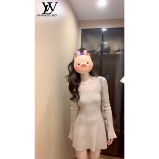 2024 Phong Cách Mới Nhỏ Pháp Cổ Chữ v Dệt Kim Dài Tay Đầm Nữ Đầu Thu Mặc Tính Khí Váy Rộng