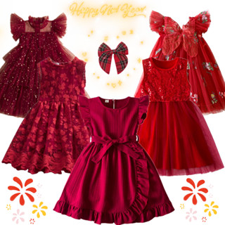 Váy dự tiệc năm mới màu đỏ Váy Giáng sinh cho bé gái 3-8 tuổi Vải tuyn ren Sequin Đầm dự tiệc công chúa cho bé gái