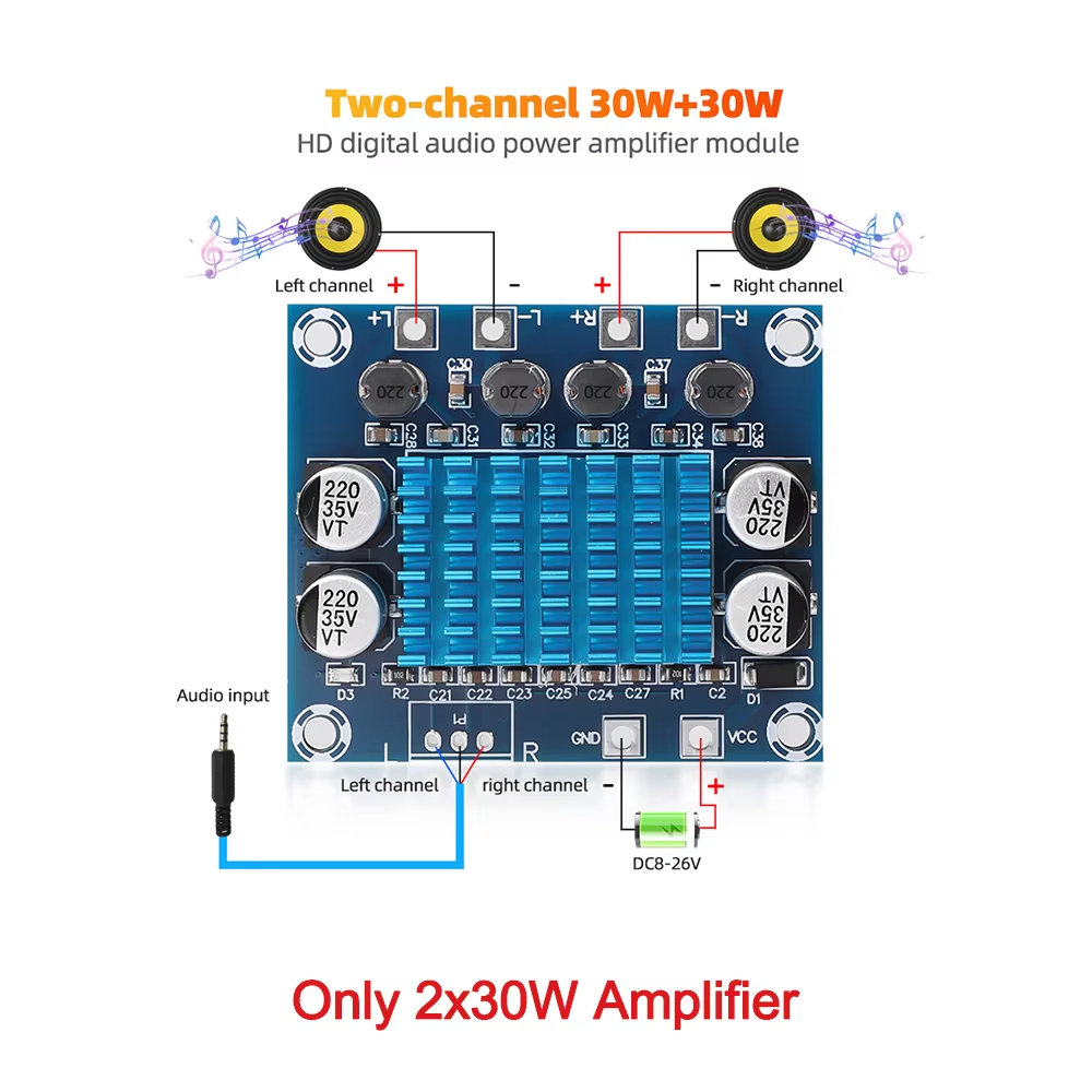 Cs8673 Bảng khuếch đại công suất âm thanh nổi kỹ thuật số DIY DC12-26V Kênh du khách 2 * 30W