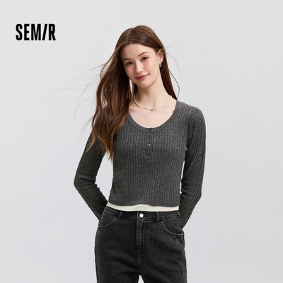 Semir Áo Len Nữ Ngắn Giả Hai Mảnh Vai Ôm 2025 Mùa Xuân Mới Lắp Chặt Áo Len Xoắn Tính Khí Lười