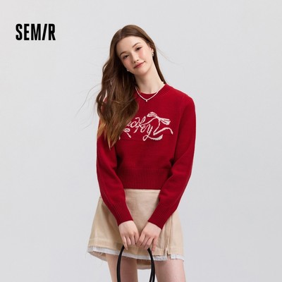 Semir Áo Len  Nữ Nơ Ngắn Nữ Tính 2025 Mùa Xuân Mới Ngọt Ngào Cổ Tròn Thẳng Vai Áo Chui Đầu Mỏng