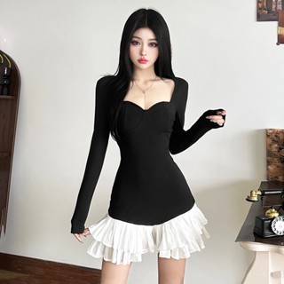  Cutenew Thường Ngày Mini Váy Cổ Chữ U Tay Dài Skinny Ruched Cá Tính Quấn Mông Nhìn Mỏng Hơn Không Khí Phong Cách 