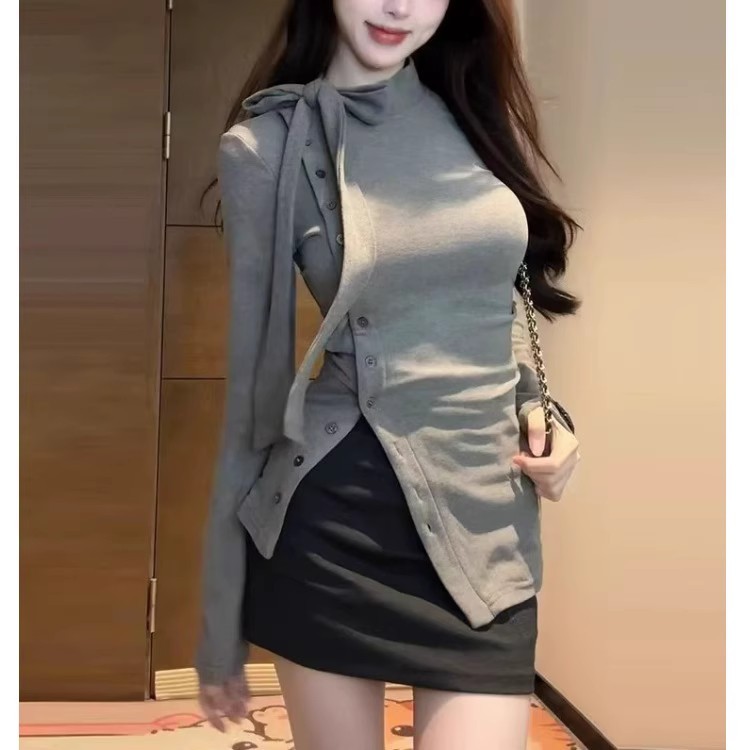 NZN Áo Sơ Mi Giữa Cổ Ren Nữ Thu Đông Dày Đức Nhung Dài Tay T @