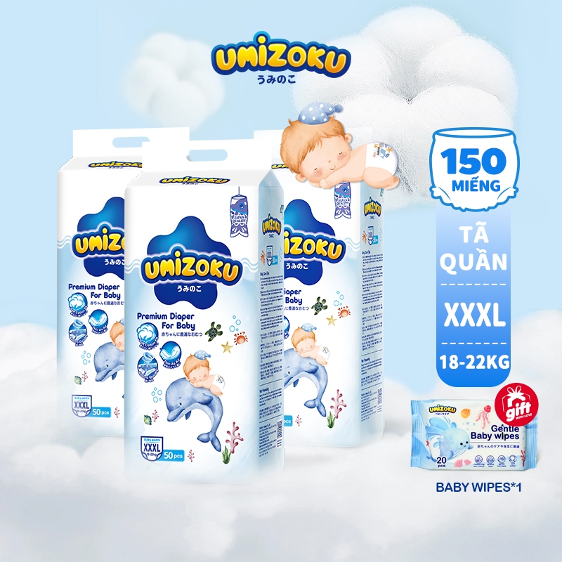 UMIZOKU 50 Miếng Tã Cho Bé Nhật Bản Vừa Lớn XL-XXXXL Unisex Siêu Mỏng Khô Thoáng Khí Tã