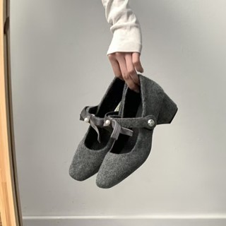  Giày Nữ Gót Thấp Mary Jane 2024 Phong Cách Mới Dày Gót Xám Giày Đơn Giày Cao Gót 