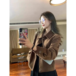 S-L Deerskin Áo khoác lông cừu nữ phong cách Hồng Kông Áo khoác ngắn màu cà phê Hàn Quốc Retro Áo khoác cổ điển Ve áo