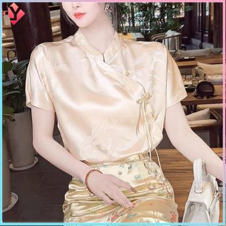 [Ảnh thực tế] Vintage Ngọt Ngào Chéo Mới Phong Cách Truyền Thống Nút Ngọc Nữ Tay Ngắn Thêu Tinh Tế Áo