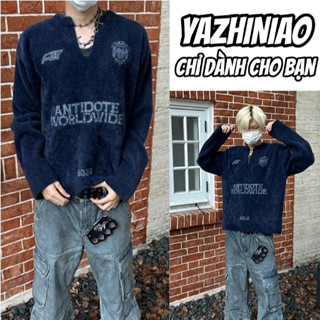  YAZHINIAO Áo len nam phong cách đại học cổ điển Mỹ in huy hiệu xu hướng áo khoác cổ chữ V in 