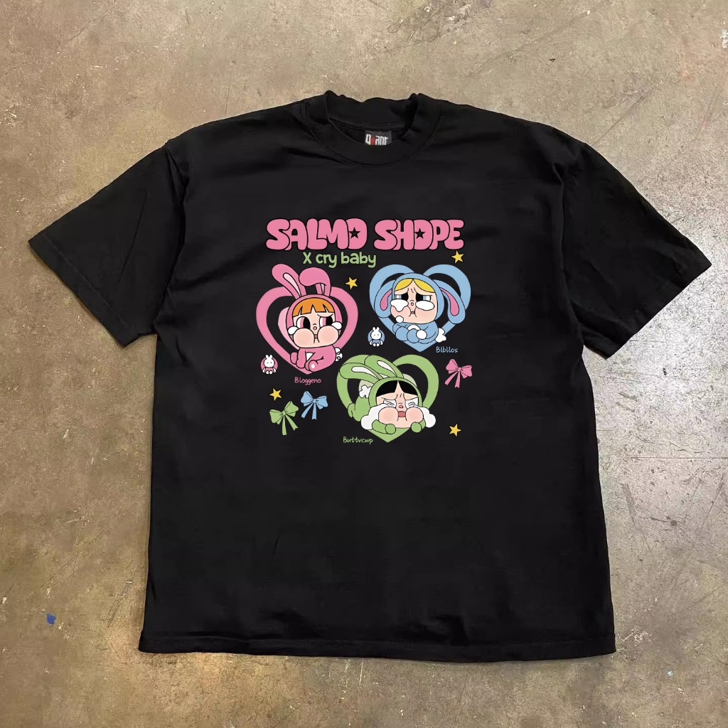 COTTON Pop Mart Crybaby & The Powerpuff Girls áo tay ngắn họa tiết quá khổ