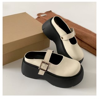  Giày Mary Jane Đế Dày Nữ 2025 Phong Cách Mới Nâng Cao 7CM Đen   Trắng Mũi Tròn Retro Nửa Dép 