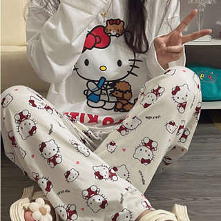 Bộ Đồ Ngủ Xuân Thu Nữ Rời Cổ Tròn Dễ Thương Hello Kitty Mặc Ở Nhà Đơn Giản Thường Ngày Quần Dài Tay Bộ Đồ Hai Mảnh