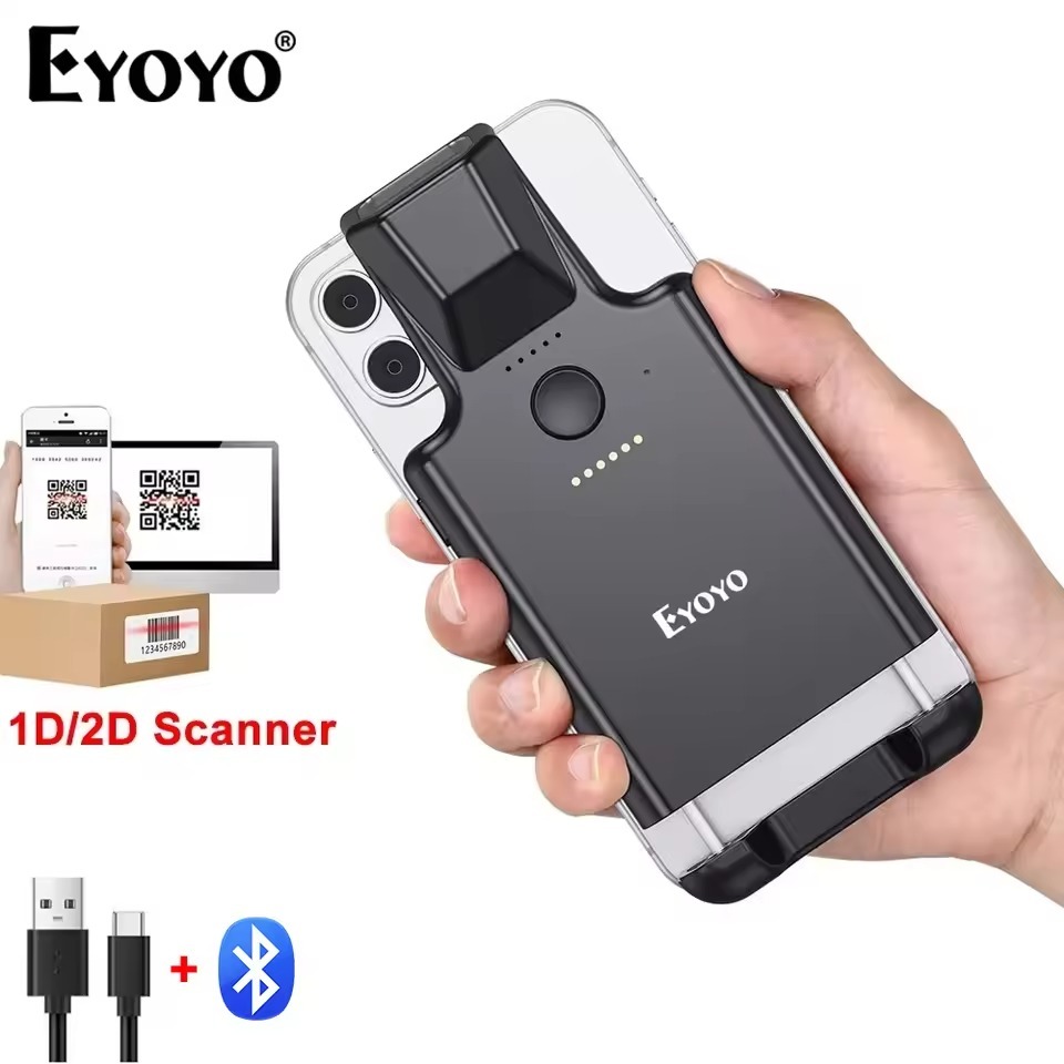 Nâng cấp Máy quét mã QR Eyoyo Máy quét mã vạch Bluetooth Android Kẹp sau di động Không dây 1D 2D UPC