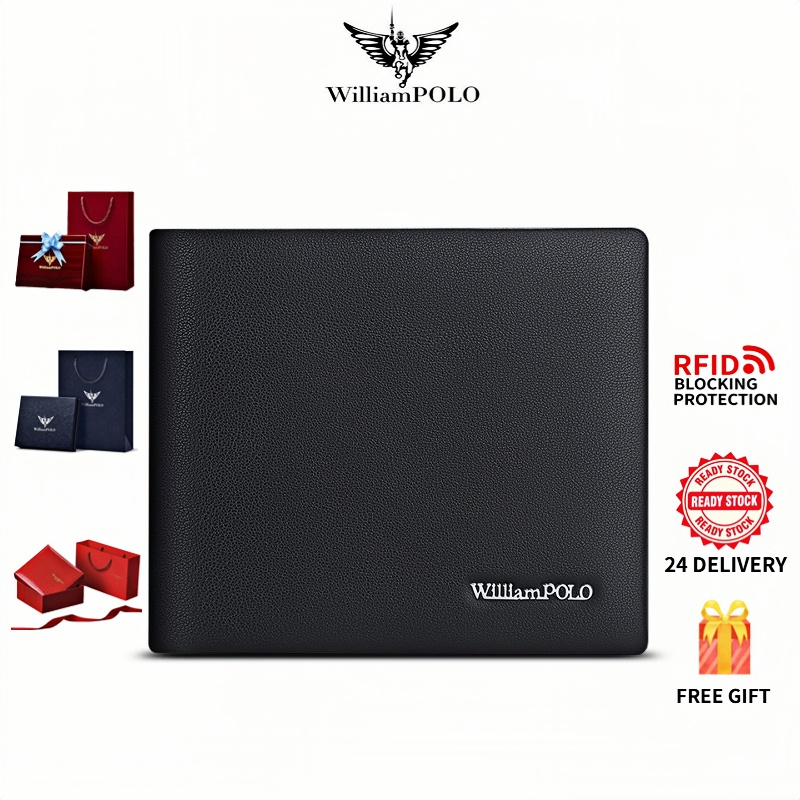 Ví nam WilliamPOLO Ví ngắn da thật mới Ví đựng thẻ gấp Men's Wallet Cowhide Anti-theft Card Holder N