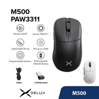Chuột chơi game Delux M500 PAW311 DPI MAX 12000 Chuột có dây và không dây có thể sạc lại Bluetooth 59g Thiết kế tiện dụng bất đối xứng nhẹ cho PC / Laptop / Windows