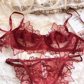 Bộ đồ lót nữ Áo ngực ren mềm 3 màu Quần lót thêu Đồ lót siêu mỏng có dây lót