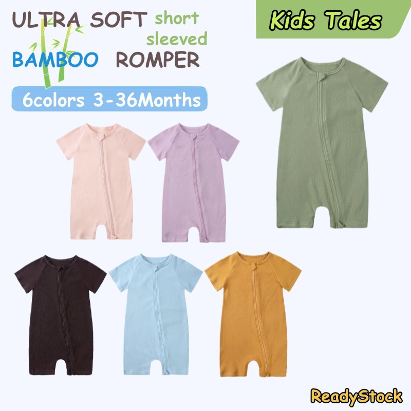Bamboo Bé Romper Trẻ Em Truyện Trẻ Sơ Sinh Bé Gái Bé Trai Bộ Đồ Ngủ Màu Trơn Tay Ngắn Áo Liền Quần D