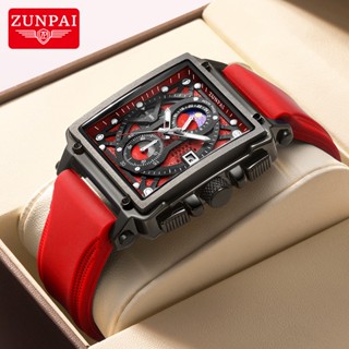 ZUNPAI Đồng Hồ Chống Thấm Nước Vuông Quartz Ba Mắt Đa Năng Dây Thép Không Gỉ Thời Trang Thể Thao Cho Nam Lịch Hiển thị pha mặt trăng Dây đeo cao su