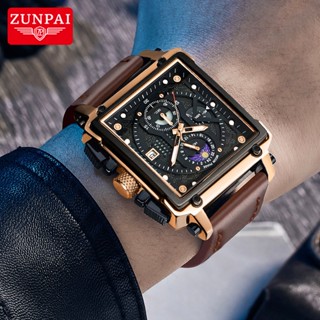 ZUNPAI Đồng Hồ Chống Thấm Nước Vuông Quartz Ba Mắt Đa Năng Dây Thép Không Gỉ Thời Trang Thể Thao Cho Nam Lịch Hiển thị pha mặt trăng Dây đeo da