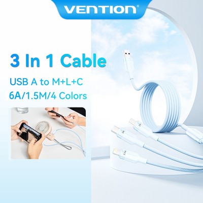 Cáp Vention USB 2.0 A Male sang 3 trong 1 USB-C & Lightning & Micro-B Male 6A Loại hợp kim nhôm 1,5M cho iPhone / Samsung / Power Bank