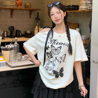 【W】áo thun Kích thước lớn lỏng lẻo cổ tròn butterfly print