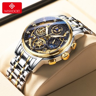 WISHDOIT Đồng hồ nam gốc Chống Nước Kinh Doanh Quartz Ba Mắt Đa Năng Dây Thép Không Gỉ Vàng/Bạc/Đen Thời Trang Thể Thao Cho Nam mặt Trời/Sao/Mặt trăng