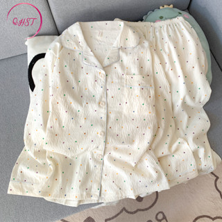 Bộ Đồ Ngủ Cotton Cầu Vồng Chấm Bi, Tay Dài Quần Im