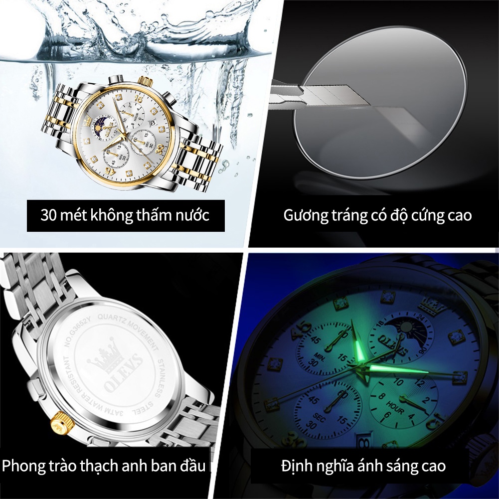 OLEVS Đồng hồ nam chính hãng chống nước thép không gỉ dạ quang đa chức năng kim cương quartz 3652 | BigBuy360 - bigbuy360.vn