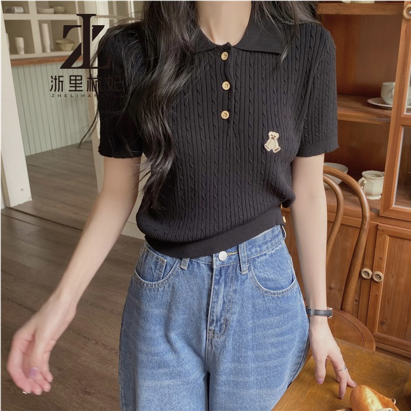 ZHELIHANGFEI Phiên bản Hàn Quốc cổ polo ngọt ngào Bột chiên xoắn đan tay ngắn | BigBuy360 - bigbuy360.vn