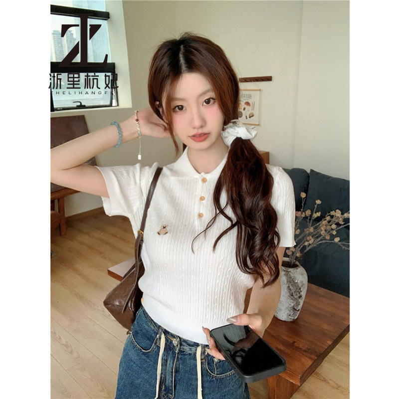 ZHELIHANGFEI Phiên bản Hàn Quốc cổ polo ngọt ngào Bột chiên xoắn đan tay ngắn | BigBuy360 - bigbuy360.vn