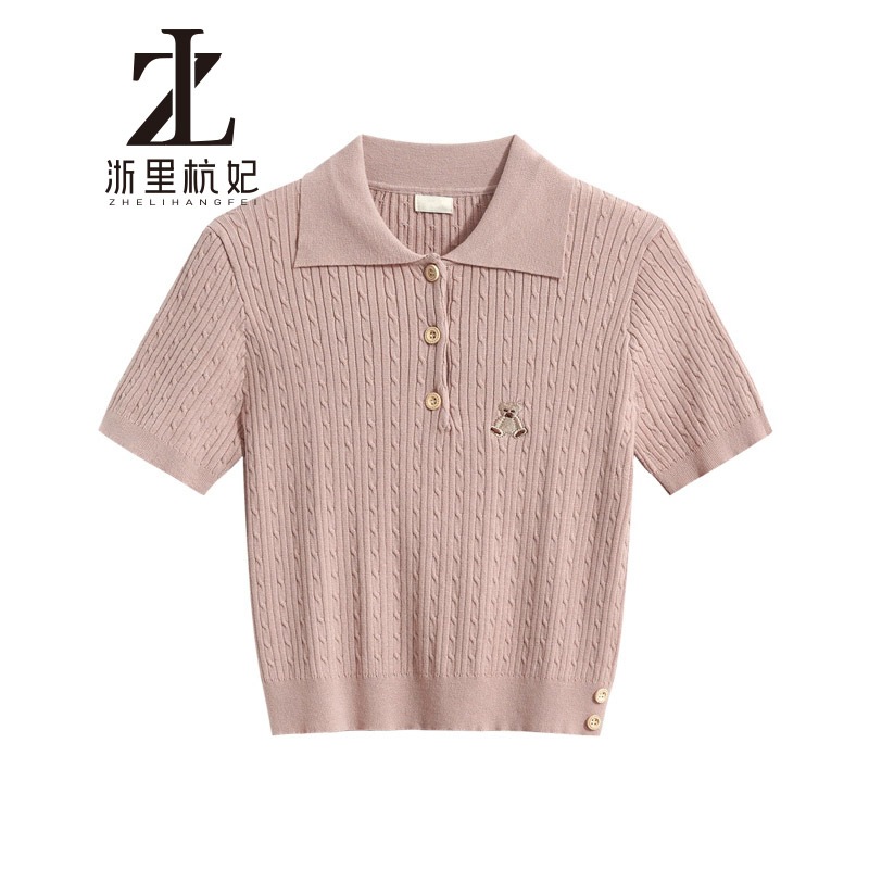 ZHELIHANGFEI Phiên bản Hàn Quốc cổ polo ngọt ngào Bột chiên xoắn đan tay ngắn | BigBuy360 - bigbuy360.vn