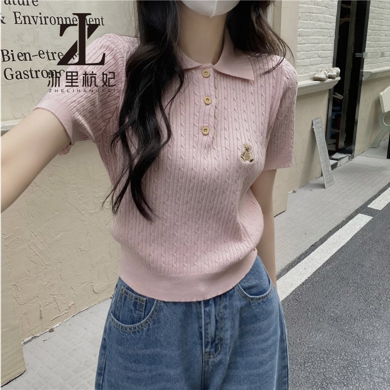 ZHELIHANGFEI Phiên bản Hàn Quốc cổ polo ngọt ngào Bột chiên xoắn đan tay ngắn | BigBuy360 - bigbuy360.vn