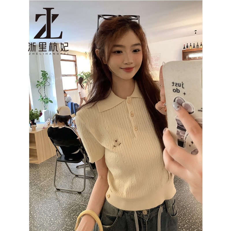 ZHELIHANGFEI Phiên bản Hàn Quốc cổ polo ngọt ngào Bột chiên xoắn đan tay ngắn | BigBuy360 - bigbuy360.vn