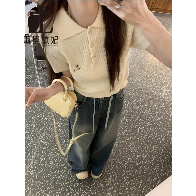 ZHELIHANGFEI Phiên bản Hàn Quốc cổ polo ngọt ngào Bột chiên xoắn đan tay ngắn | BigBuy360 - bigbuy360.vn
