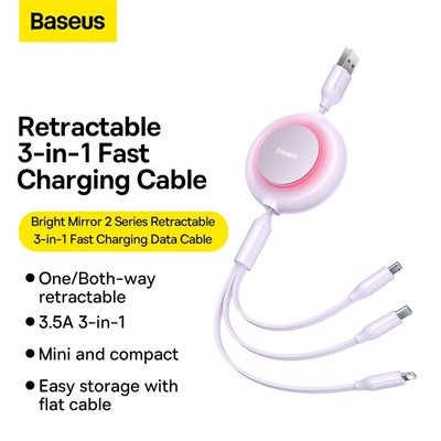 Cáp sạc BASEUS 3.5A 3 trong 1 Micro + Type C + L hỗ trợ truyền dữ liệu có thể thu lại tiện dụng