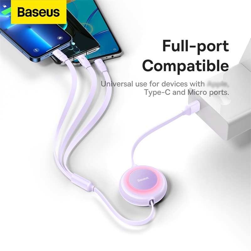 Cáp sạc BASEUS 3.5A 3 trong 1 Micro + Type C + L hỗ trợ truyền dữ liệu có thể thu lại tiện dụng | BigBuy360 - bigbuy360.vn